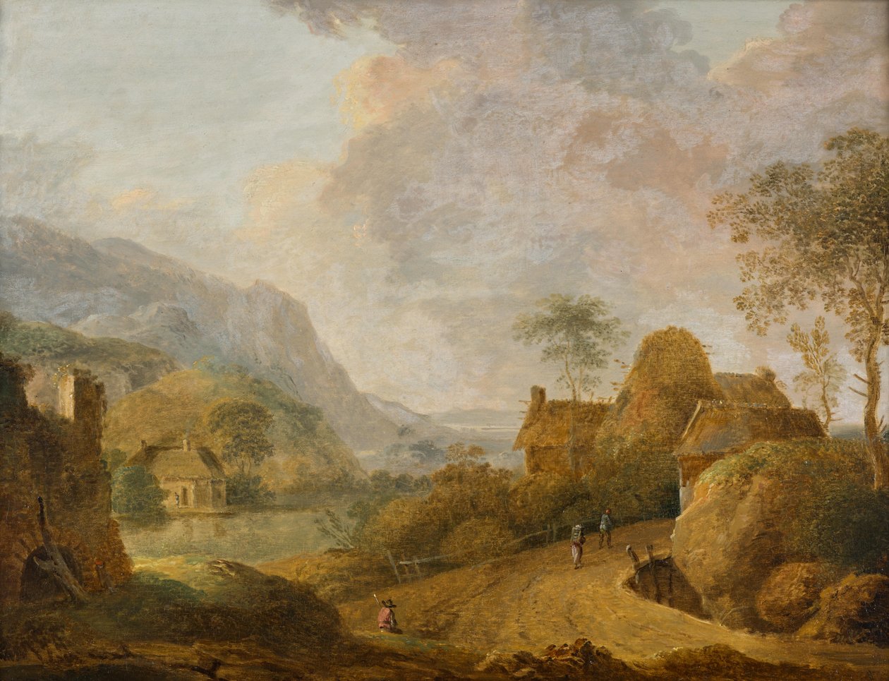 Paisaje de montaña con río y granja de Christian Hilfgott Brand