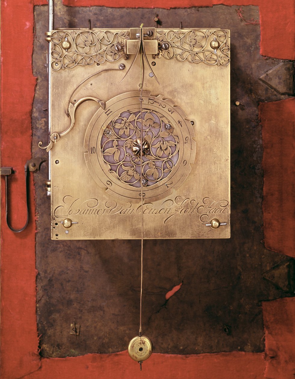 Reloj de péndulo de peso temprano, detalle del mecanismo de control de campanas de Christian Huygens