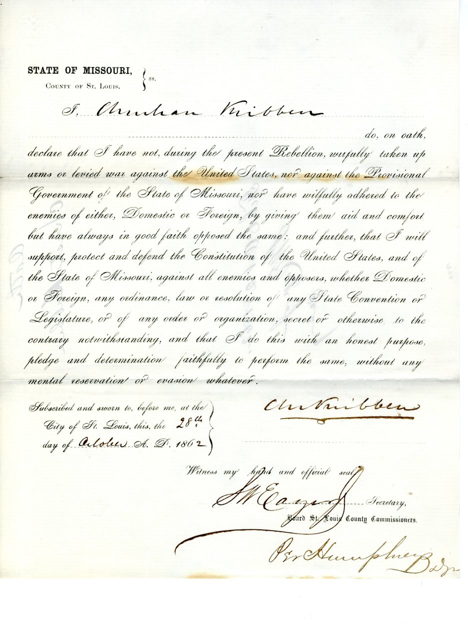 Juramento de lealtad de Christian Kribben de Missouri, Condado de St. Louis de Christian Kribben
