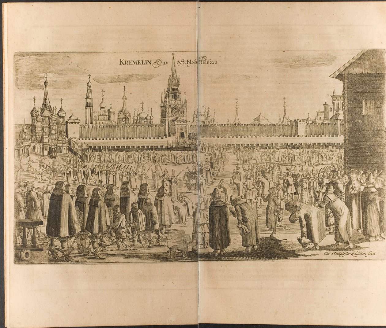 El paseo del burro en el Kremlin de Moscú. Ilustración de Viajes al Gran Duque de Moscovia de Christian Lorenzen Rothgiesser