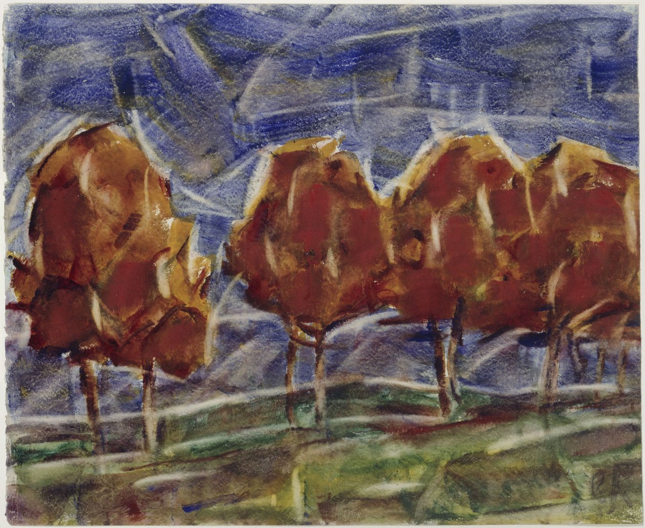 Carretera con árboles rojos frente a un cielo azul de Christian Rohlfs