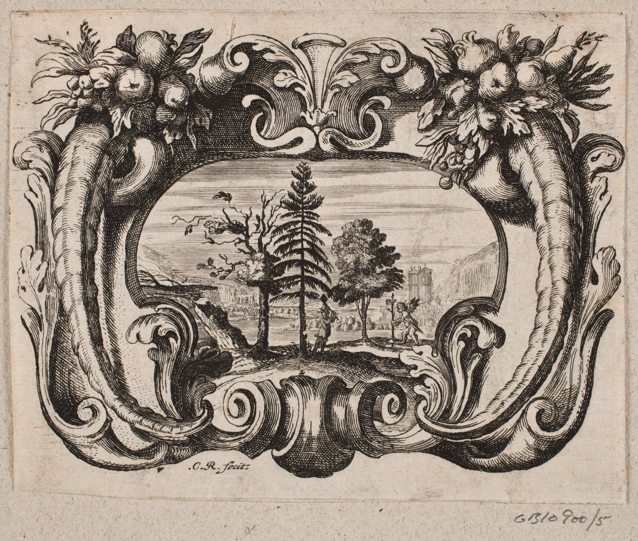 Emblema con un jardinero y un amorino plantando un árbol de Christian Rothgiesser