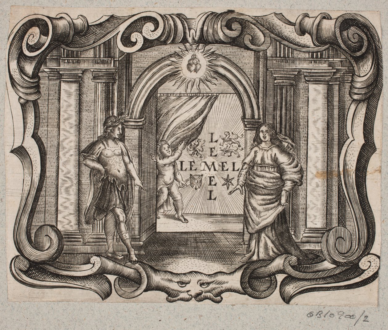 Emblema con portal, hombre y mujer, amorino y dos corazones ardientes de Christian Rothgiesser