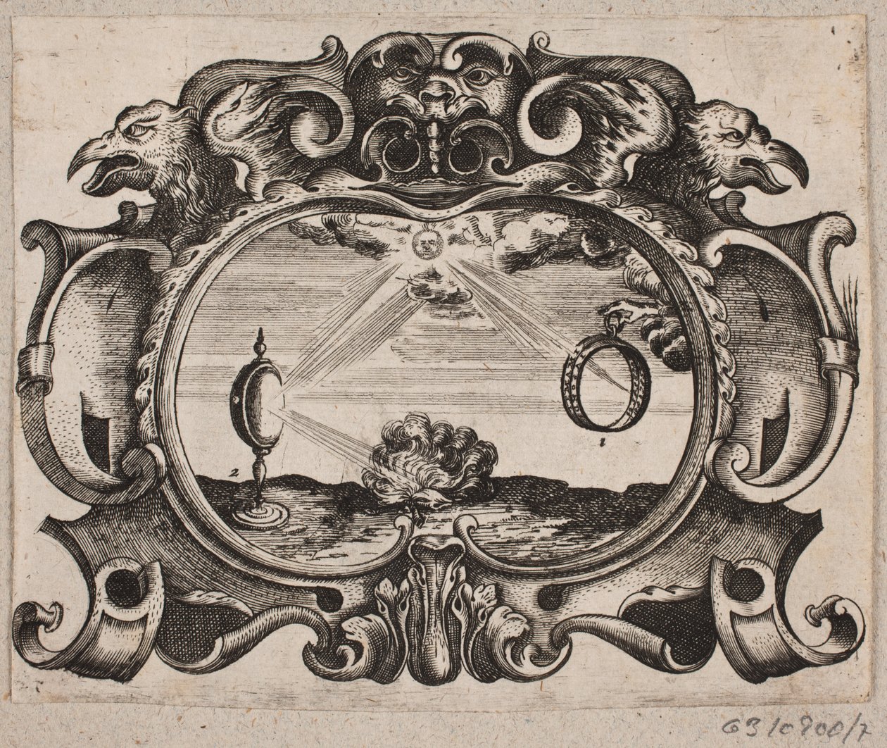 Emblema con sol, brillando a través de un anillo y una lupa, encendiendo una hoguera de Christian Rothgiesser