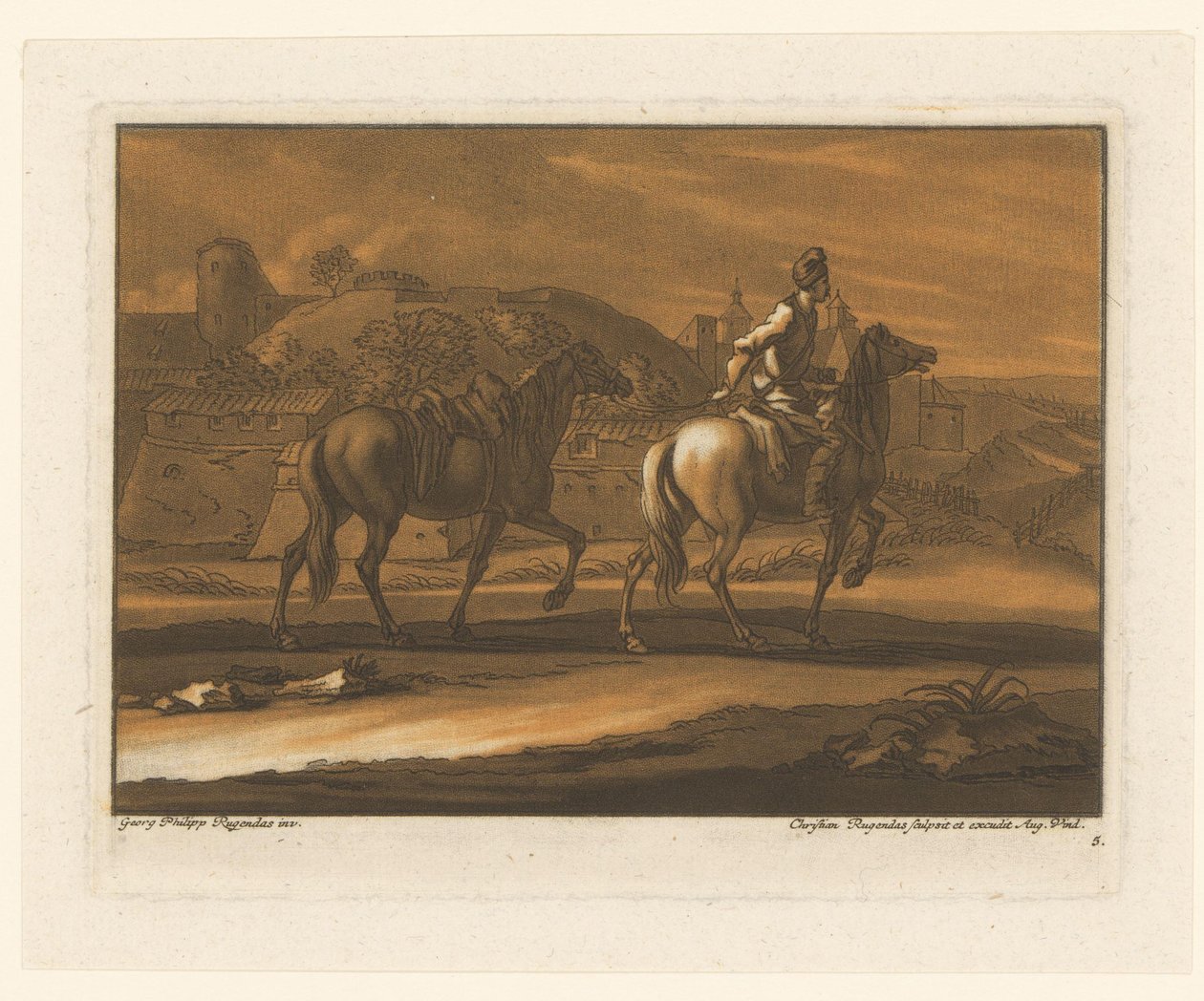 Jinete lleva un caballo Jinetes, caballos y batallas (título de la serie) de Christian Rugendas