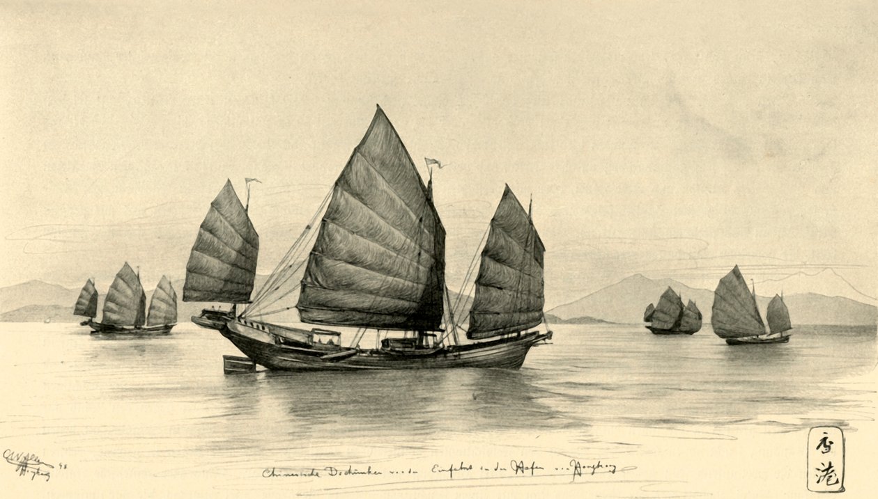 Juncos chinos en la entrada del puerto de Hong Kong, 1898 de Christian Wilhelm Allers