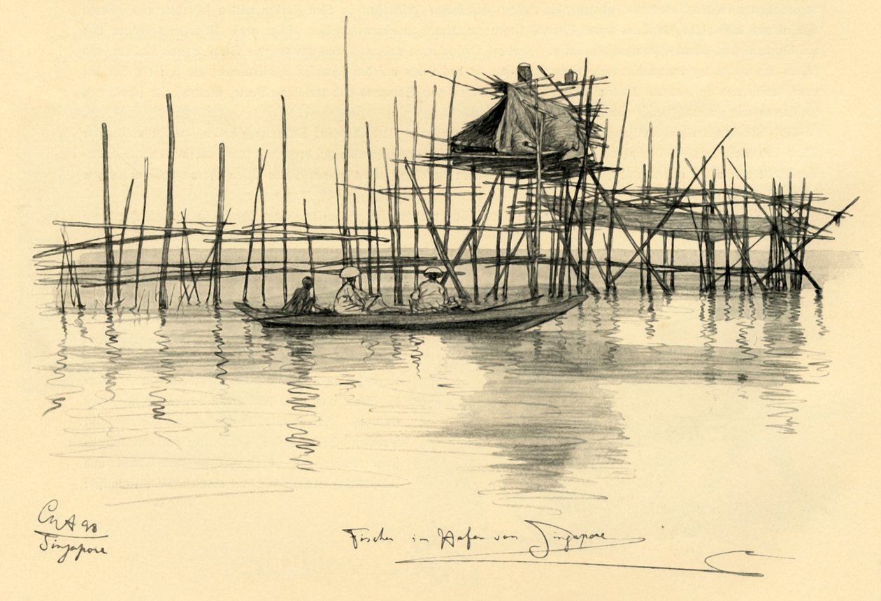 Casa sobre pilotes y pescadores en el puerto de Singapur de Christian Wilhelm Allers
