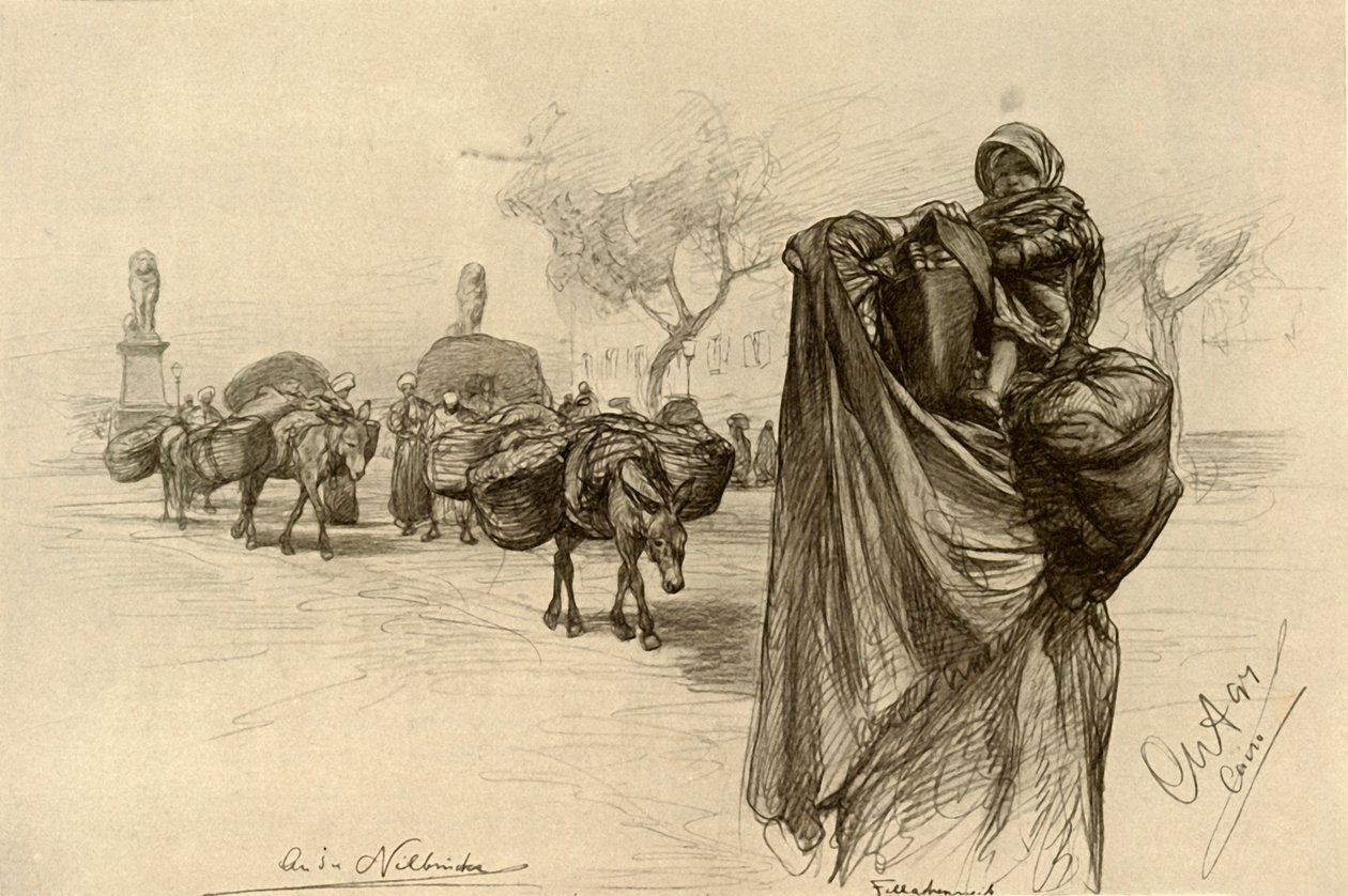Mujer y niño cerca del puente Kobri el Gezira, El Cairo, 1898 de Christian Wilhelm Allers