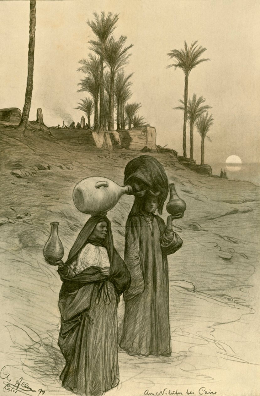 Mujeres llevando cántaros de agua en las orillas del Nilo, El Cairo, Egipto, 1898 de Christian Wilhelm Allers