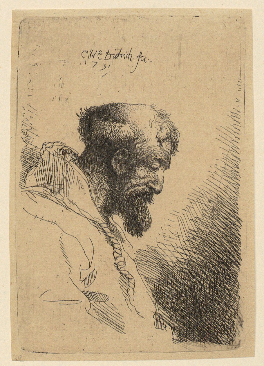 Retrato de busto de un franciscano con la cabeza inclinada, de perfil hacia la derecha de Christian Wilhelm Ernst Dietrich