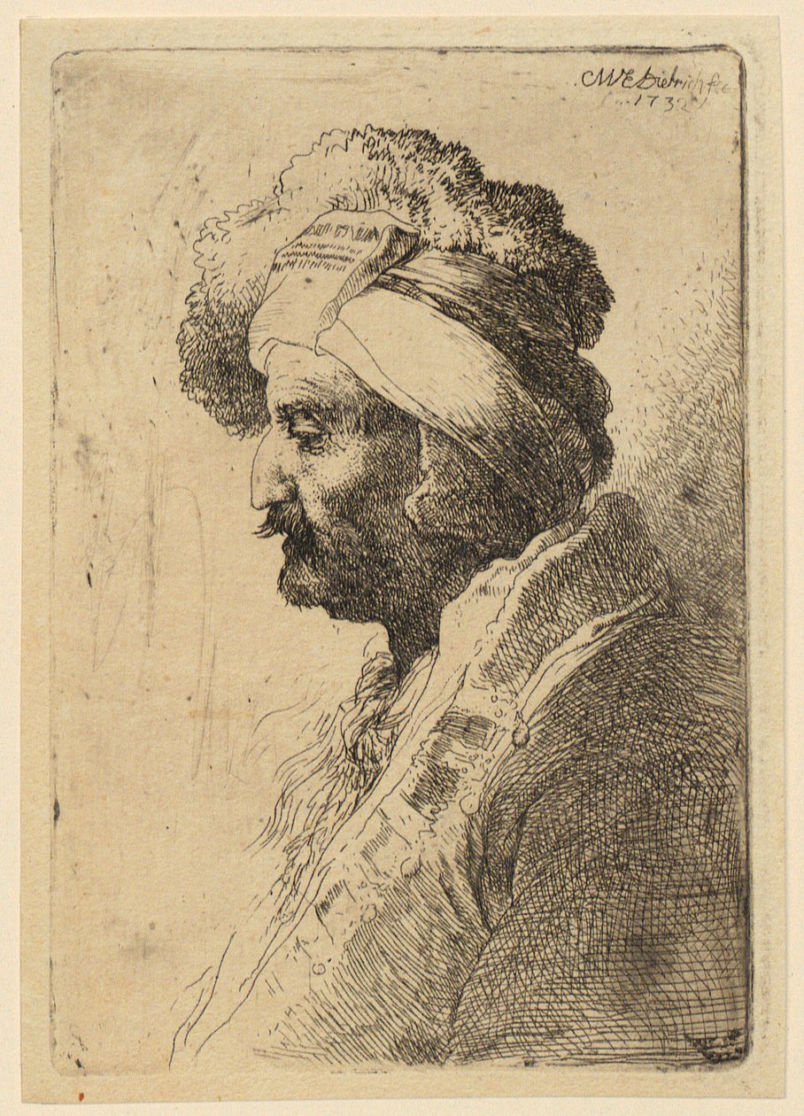 Retrato de busto de un hombre con tocado, de perfil hacia la izquierda de Christian Wilhelm Ernst Dietrich