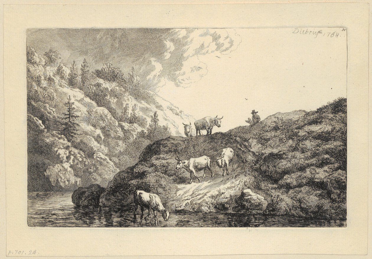Un rebaño de animales junto al río [Bueyes llevados al abrevadero] de Christian Wilhelm Ernst Dietrich