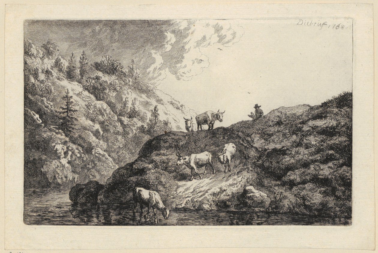 Un rebaño de animales junto al río [Bueyes conducidos al abrevadero] de Christian Wilhelm Ernst Dietrich