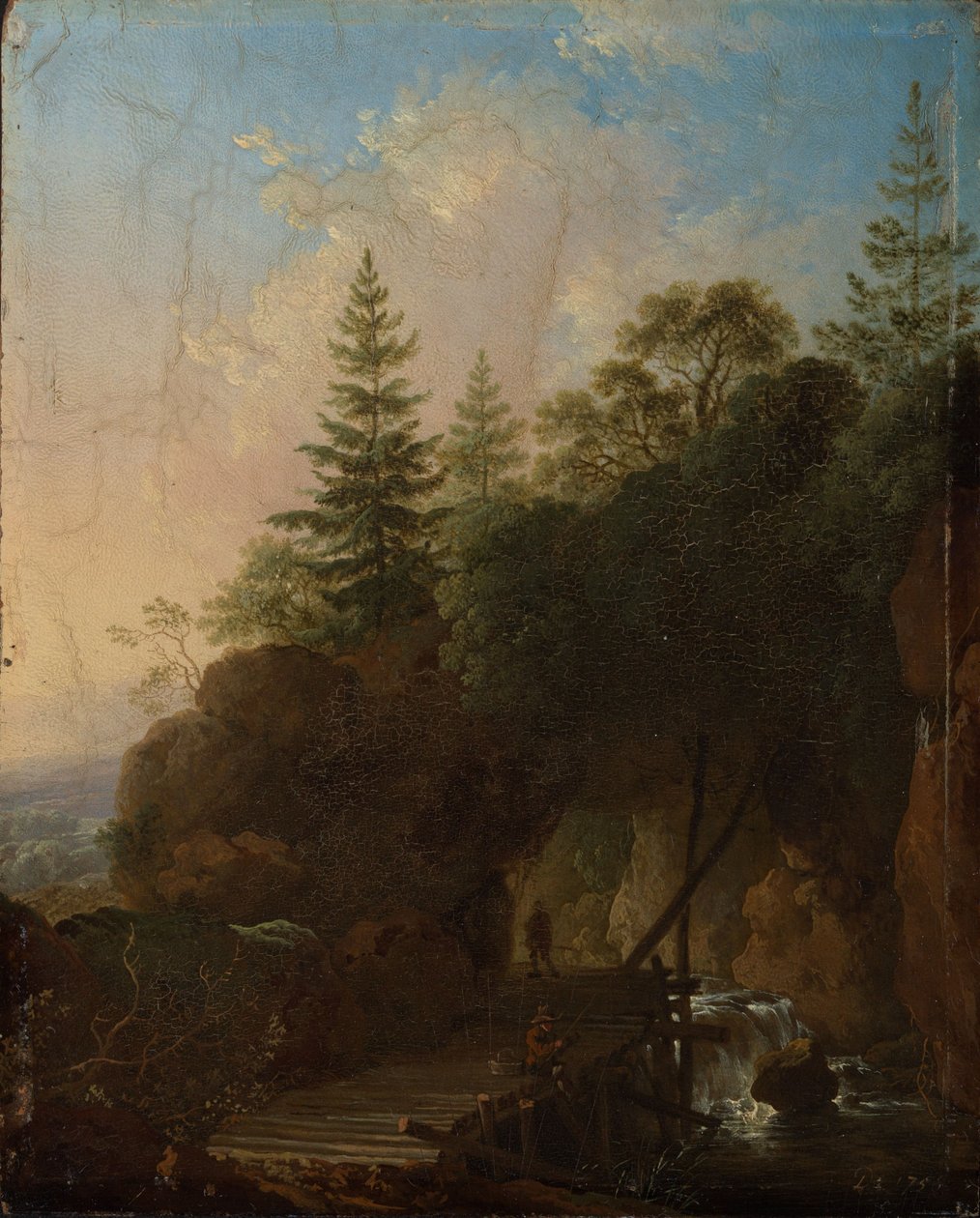Paisaje montañoso con una cascada y un puente de madera de Christian Wilhelm Ernst Dietrich