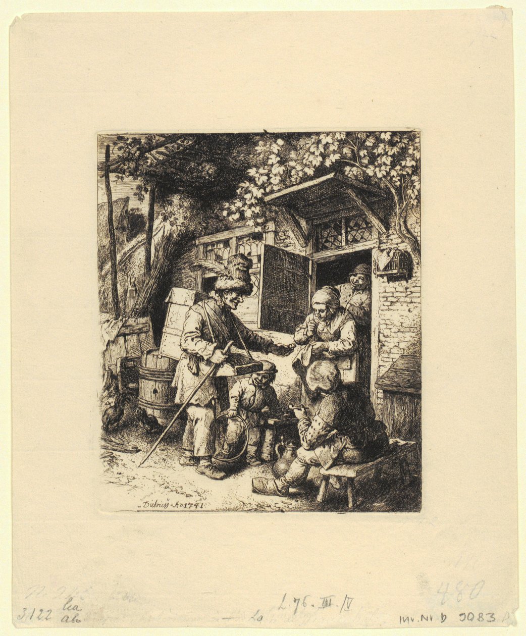 Figura de medio cuerpo de un hombre sentado con sombrero emplumado y gafas en la mano izquierda de Christian Wilhelm Ernst Dietrich