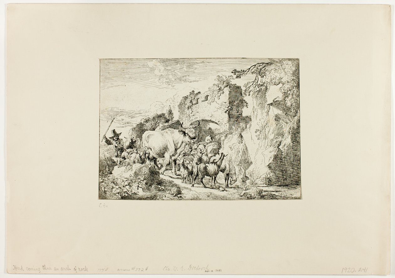 Rebaño pasando por un arco de roca de Christian Wilhelm Ernst Dietrich
