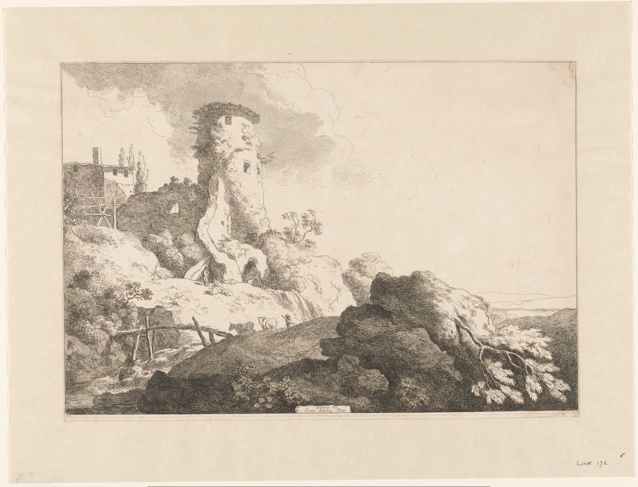 Paisaje montañoso con torre de Christian Wilhelm Ernst Dietrich