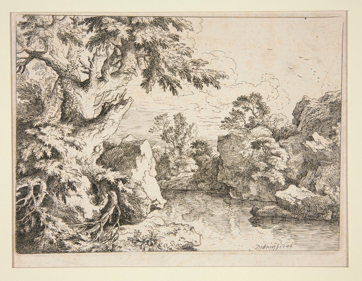 paisaje con estanque bordeado por rocas y árboles de Christian Wilhelm Ernst Dietrich
