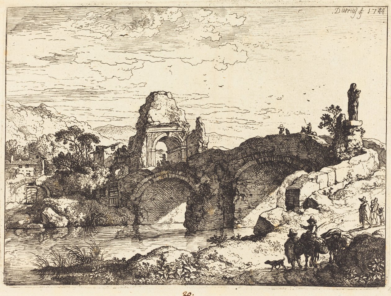 Paisaje con un puente y una torre en ruinas de Christian Wilhelm Ernst Dietrich