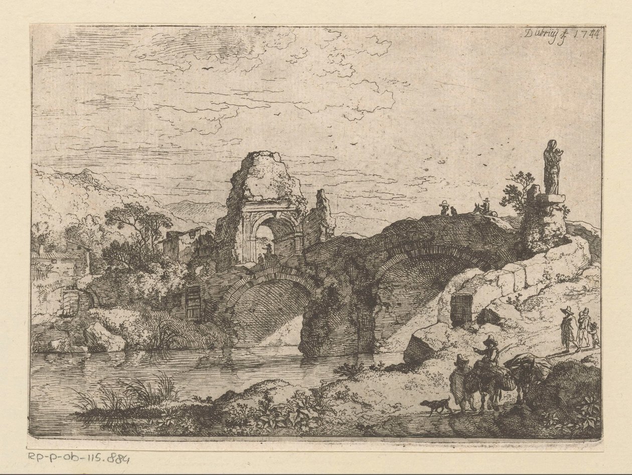 Paisaje con las ruinas de una puerta junto a un puente en ruinas de Christian Wilhelm Ernst Dietrich