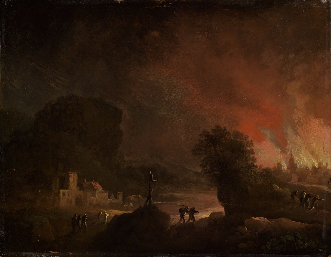 Paisaje nocturno con una ciudad en llamas de Christian Wilhelm Ernst Dietrich