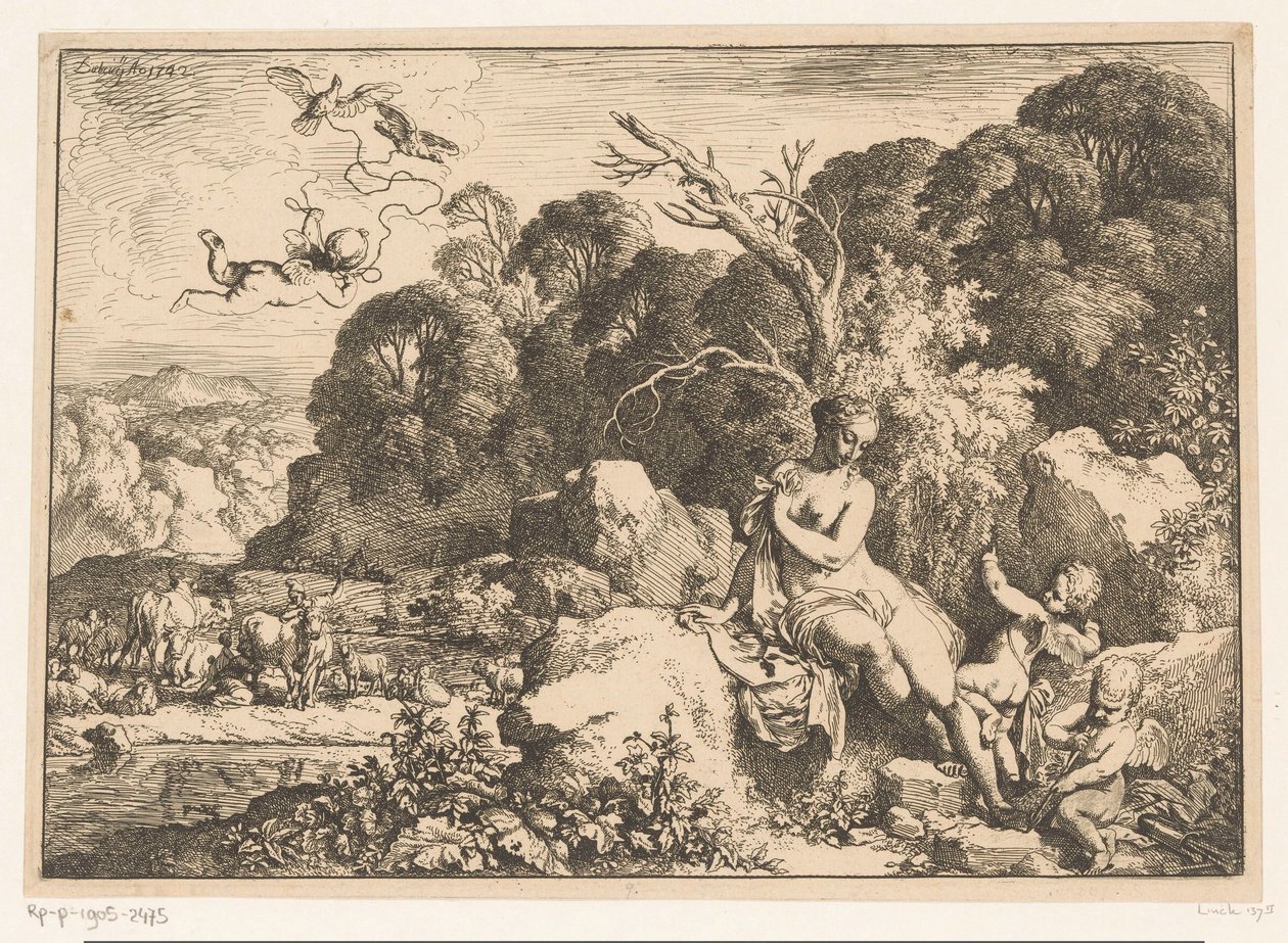 Venus sentada en una roca, acompañada de tres putti de Christian Wilhelm Ernst Dietrich