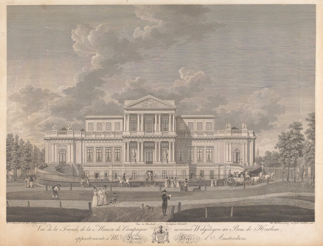 Welgelegen: Vista de la fachada de la casa de campo llamada Welgelegen en Harlem Wood, perteneciente al Sr. Henry Hope de Amsterdam de Christian von Mechel