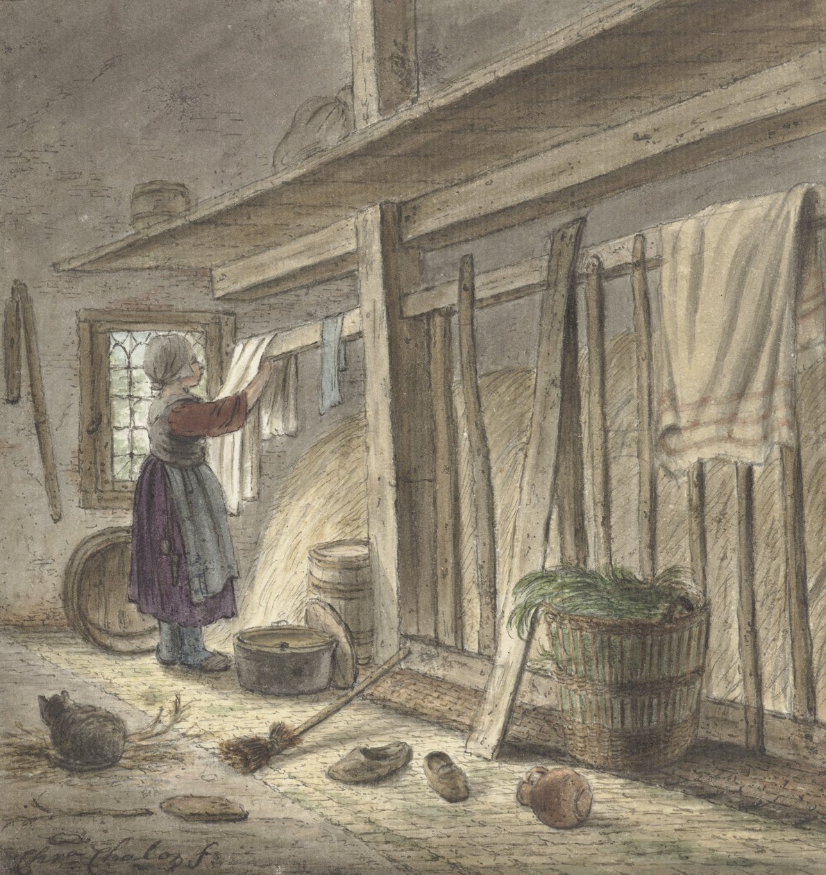 Rincón de un establo con una niña colgando un paño (1772) de Christina Chalon de Christina Chalon