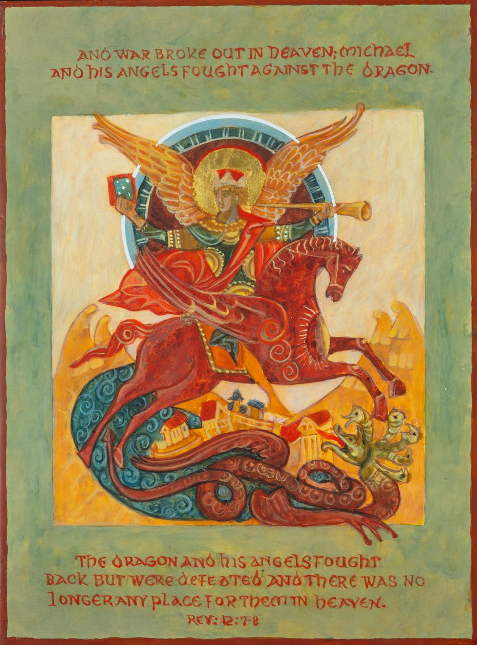 Arcángel Miguel en Batalla Icono, 2023 (temple al huevo, pan de oro, madera) de Christine Hales