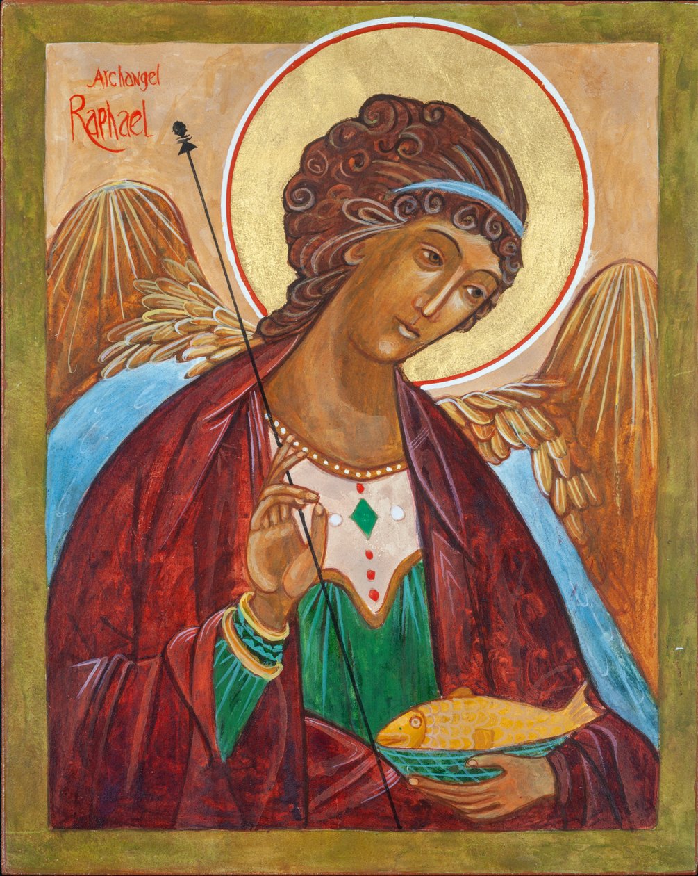 Icono del Arcángel Rafael, 2000 (temple al huevo, madera, pan de oro) de Christine Hales