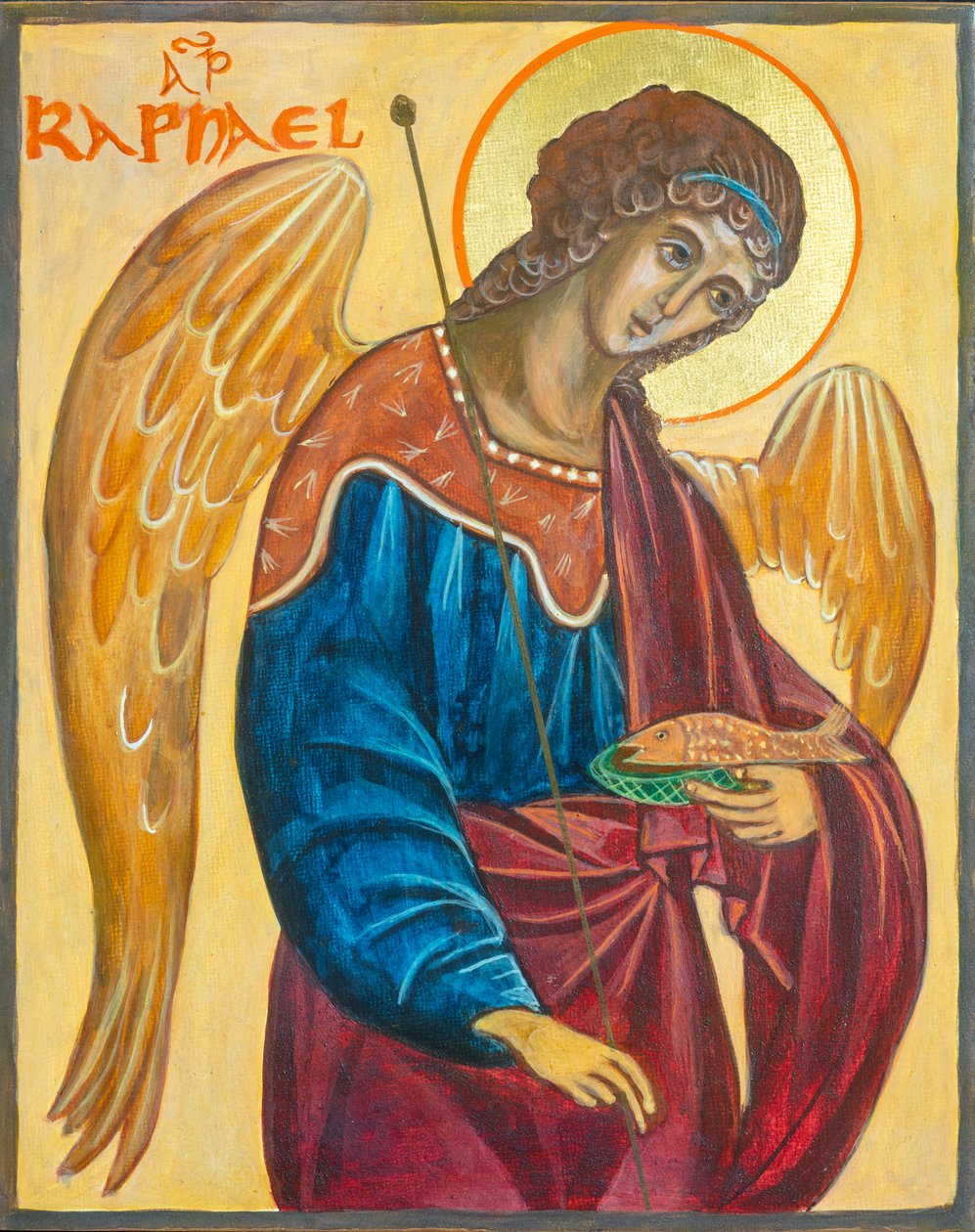 Arcángel Rafael Icono, 2019 (temple al huevo, pan de oro, madera) de Christine Hales