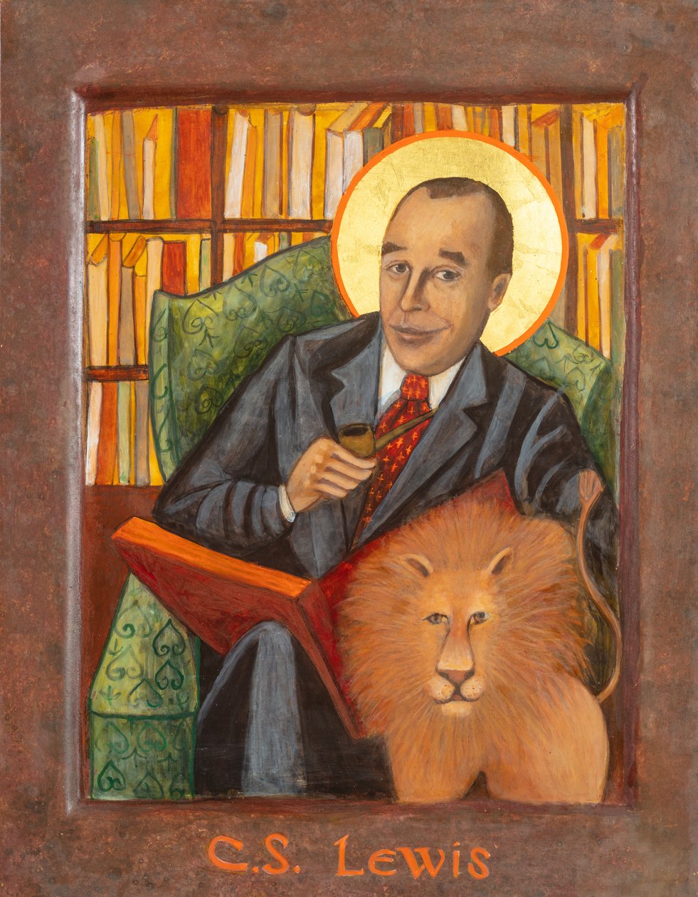 C. S. Lewis Icono, 2021 (temple al huevo, pan de oro, madera) de Christine Hales