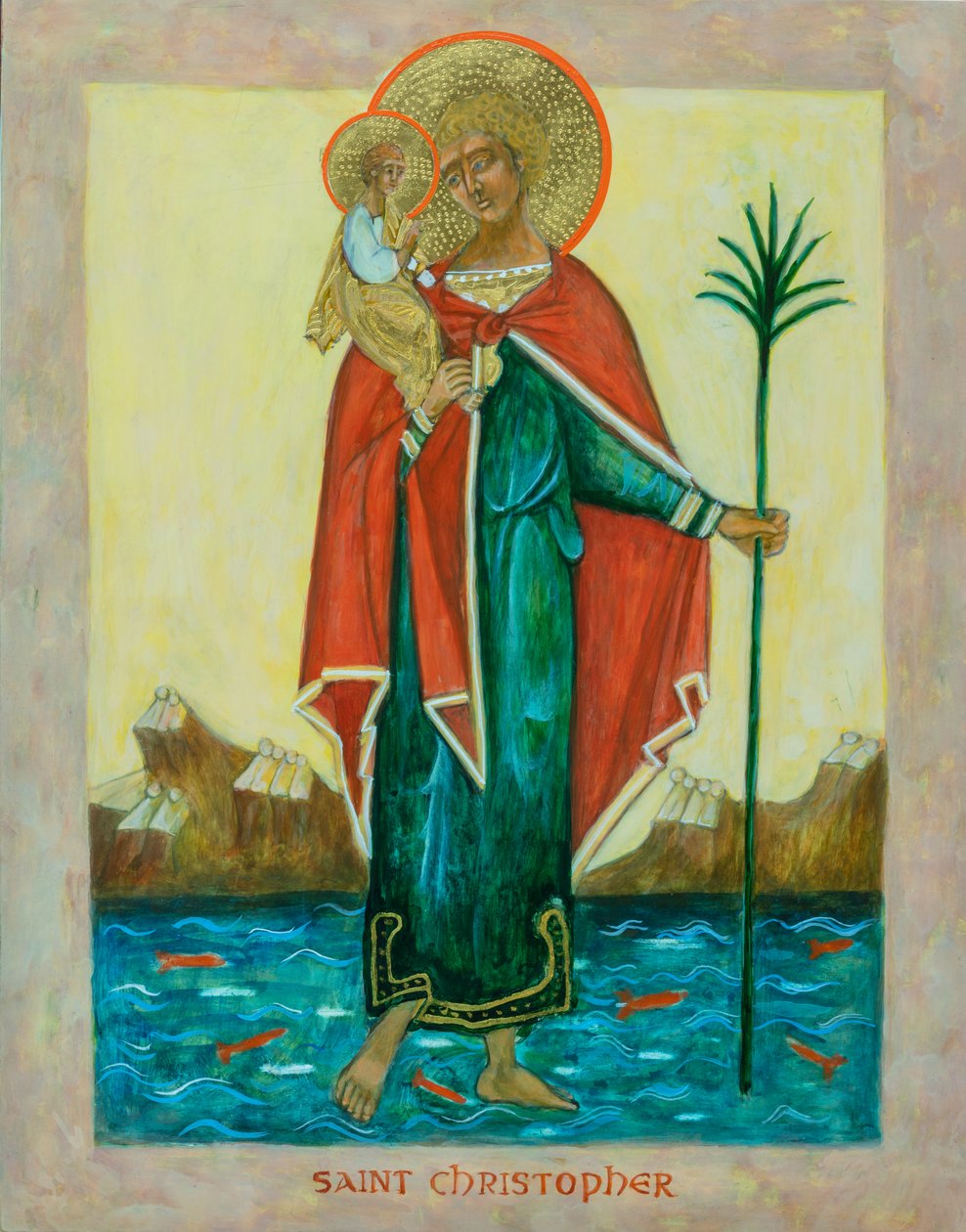 Icono de San Cristóbal, 2023 (temple al huevo, pan de oro, madera) de Christine Hales