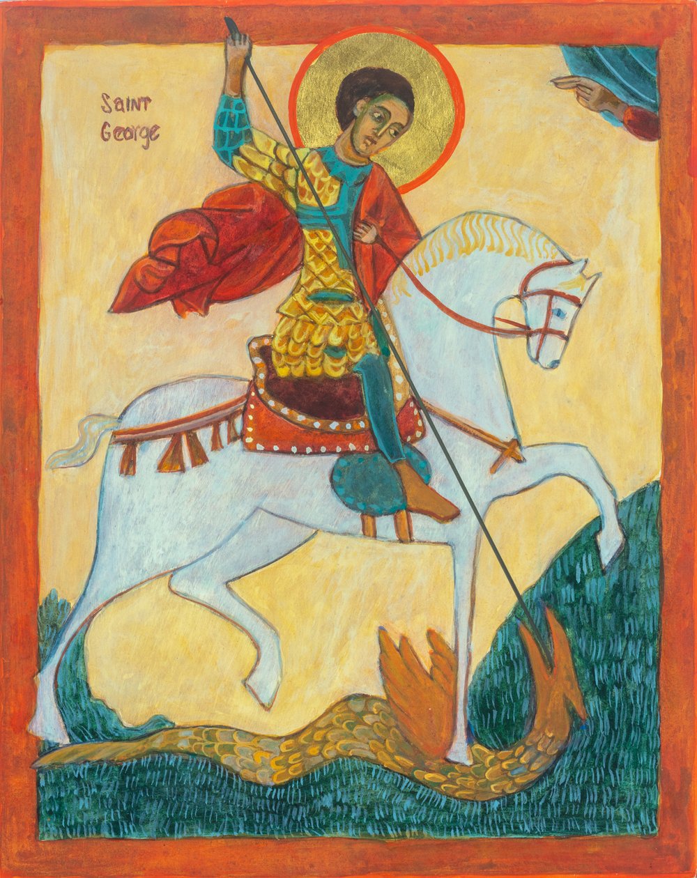 San Jorge y el dragón, 2012 (temple al huevo, pan de oro, madera) de Christine Hales