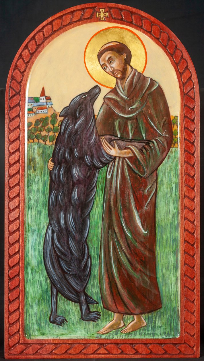 San Francisco y el lobo, 2004 (temple al huevo, madera, pan de oro) de Christine Hales
