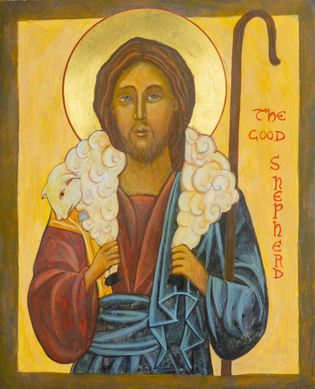 El Buen Pastor, 2020 (temple al huevo, pan de oro, madera) de Christine Hales