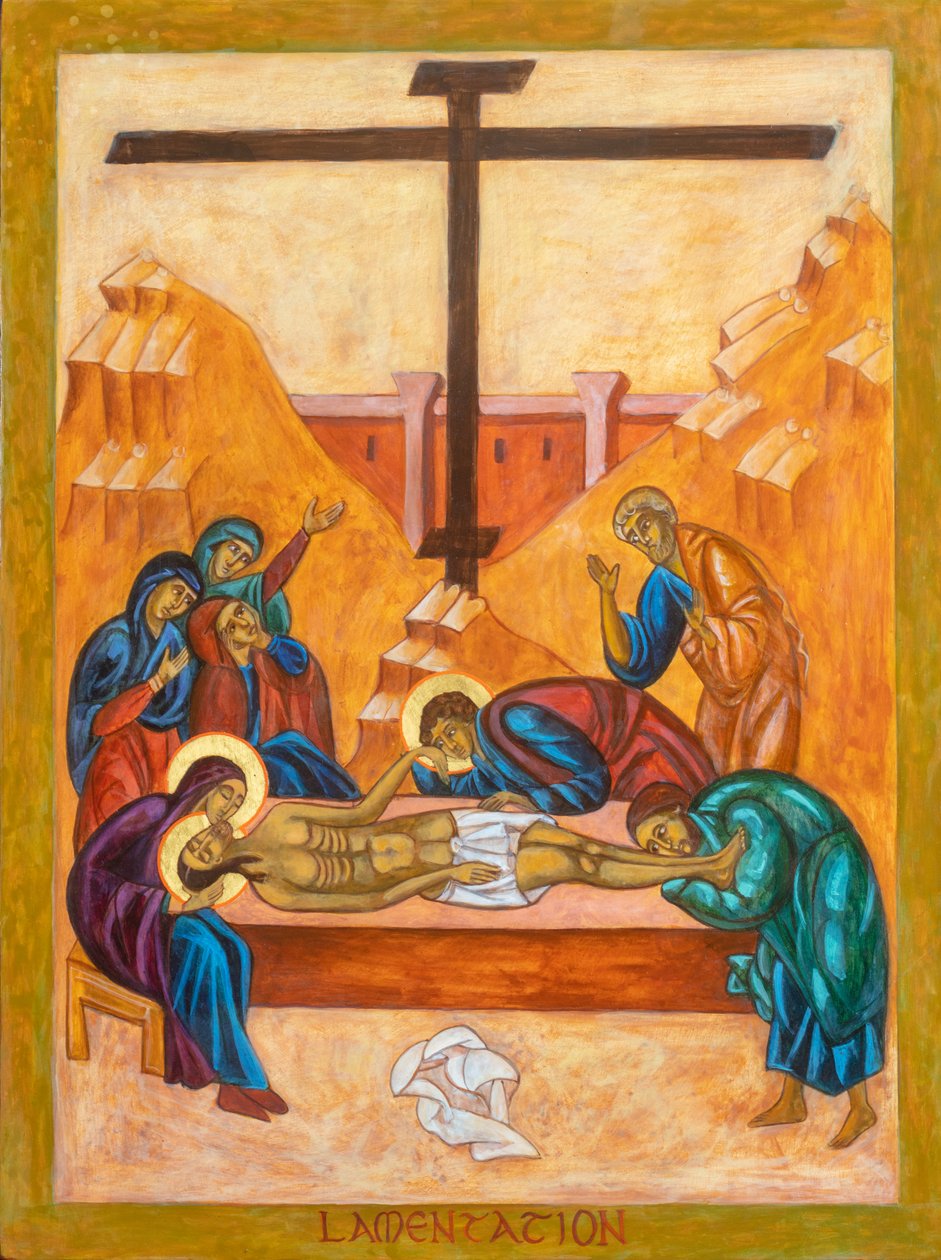 Icono de la Lamentación, 2022 (temple al huevo, pan de oro, madera) de Christine Hales