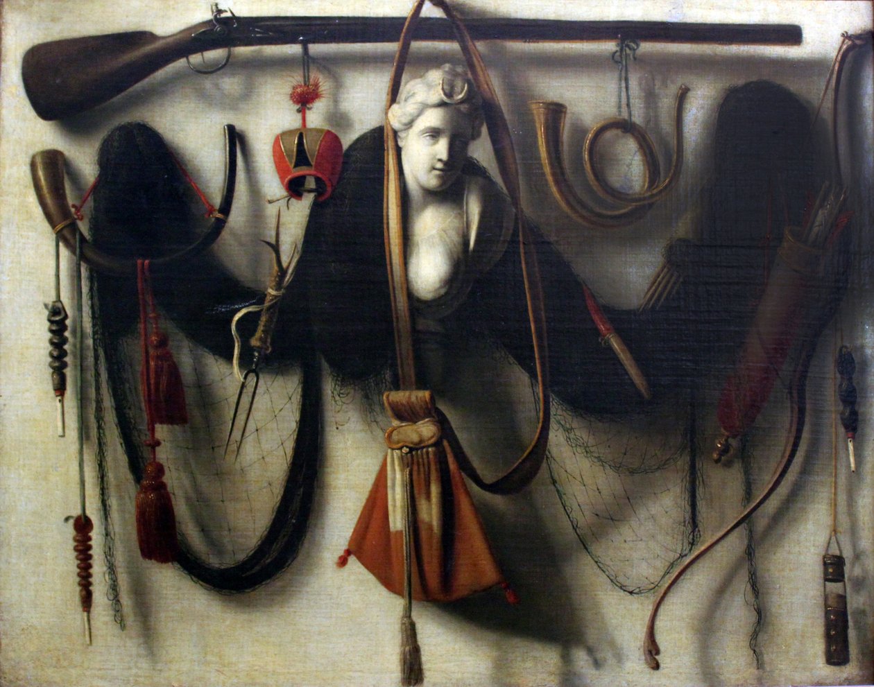 Naturaleza muerta con busto de Artemisa, armas y dispositivos de caza de Christoffel Pierson