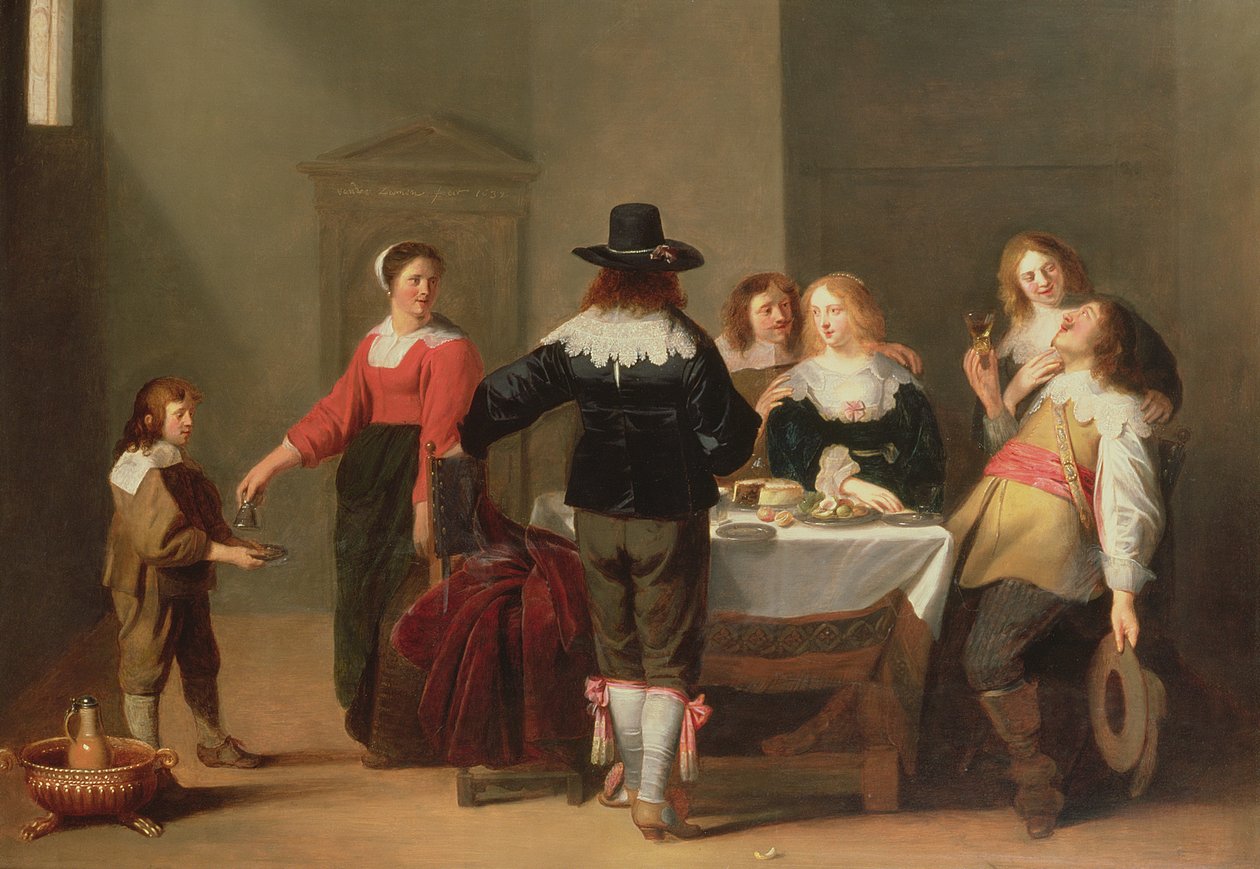 Interior de una sala de guardia con soldados comiendo y bebiendo en compañía femenina, 1639 de Christoffel Jacobsz van der Lamen