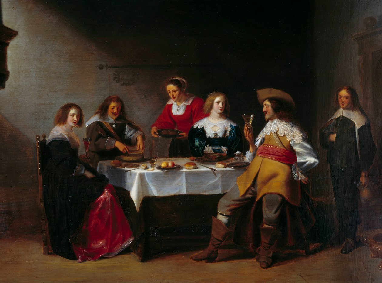 Detalle de "Comida de compañía" de Christoffel Jacobsz van der Lamen