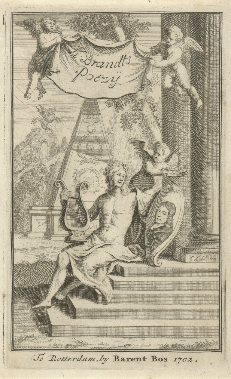 Apolo con retrato de Caspar Brandt Página de título para: K. Brandt, Poesía, 1705 de Christoffel Lubienitzki