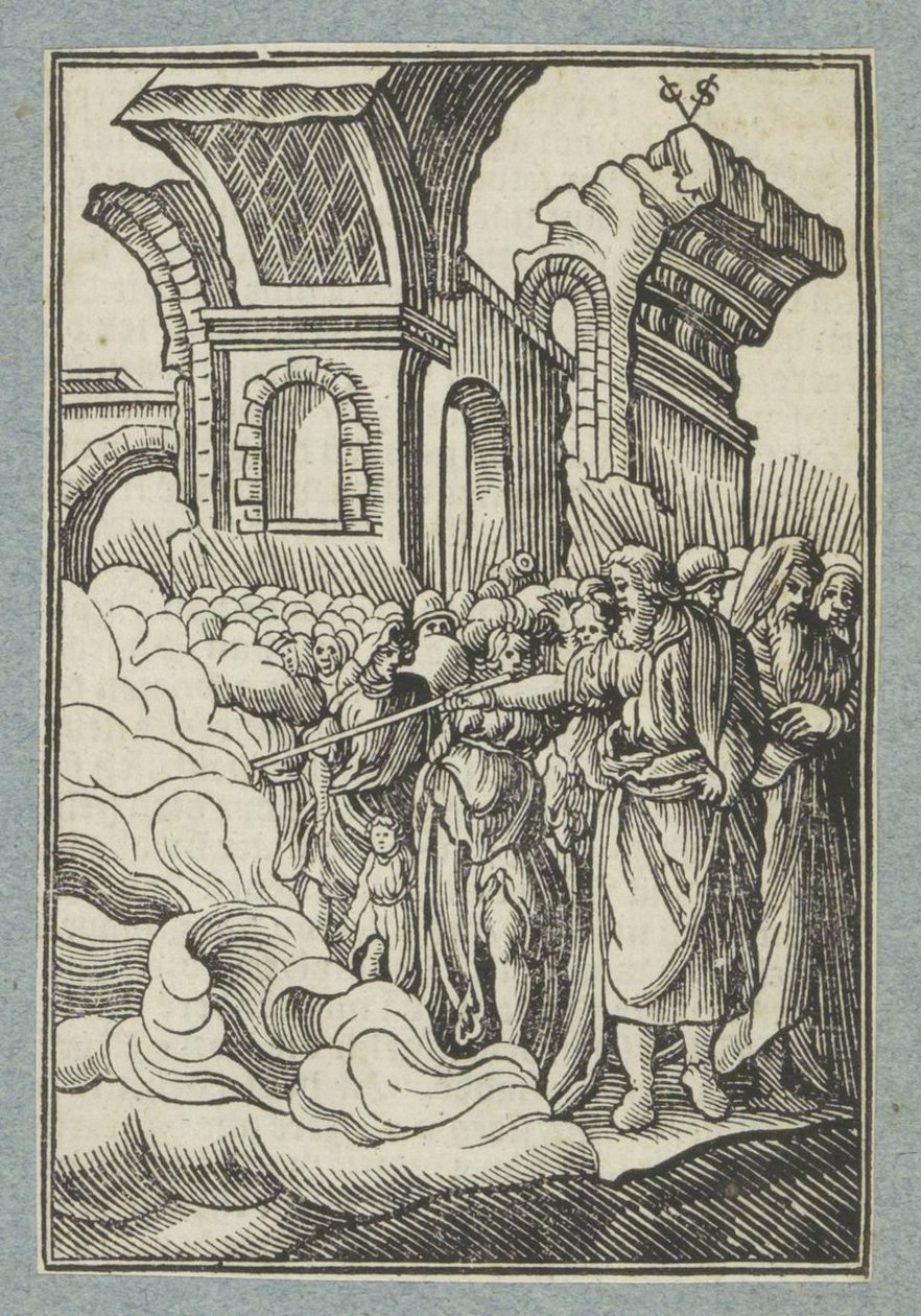 Moisés parte el agua con su bastón de Christoffel van Sichem (II)