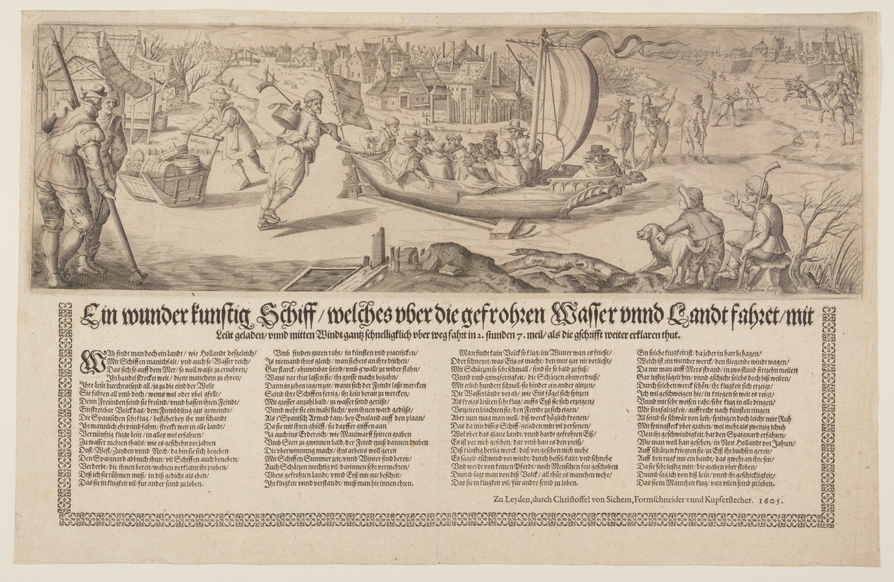Broadside con una barcaza navegando sobre hielo de Christoffel van Sichem I