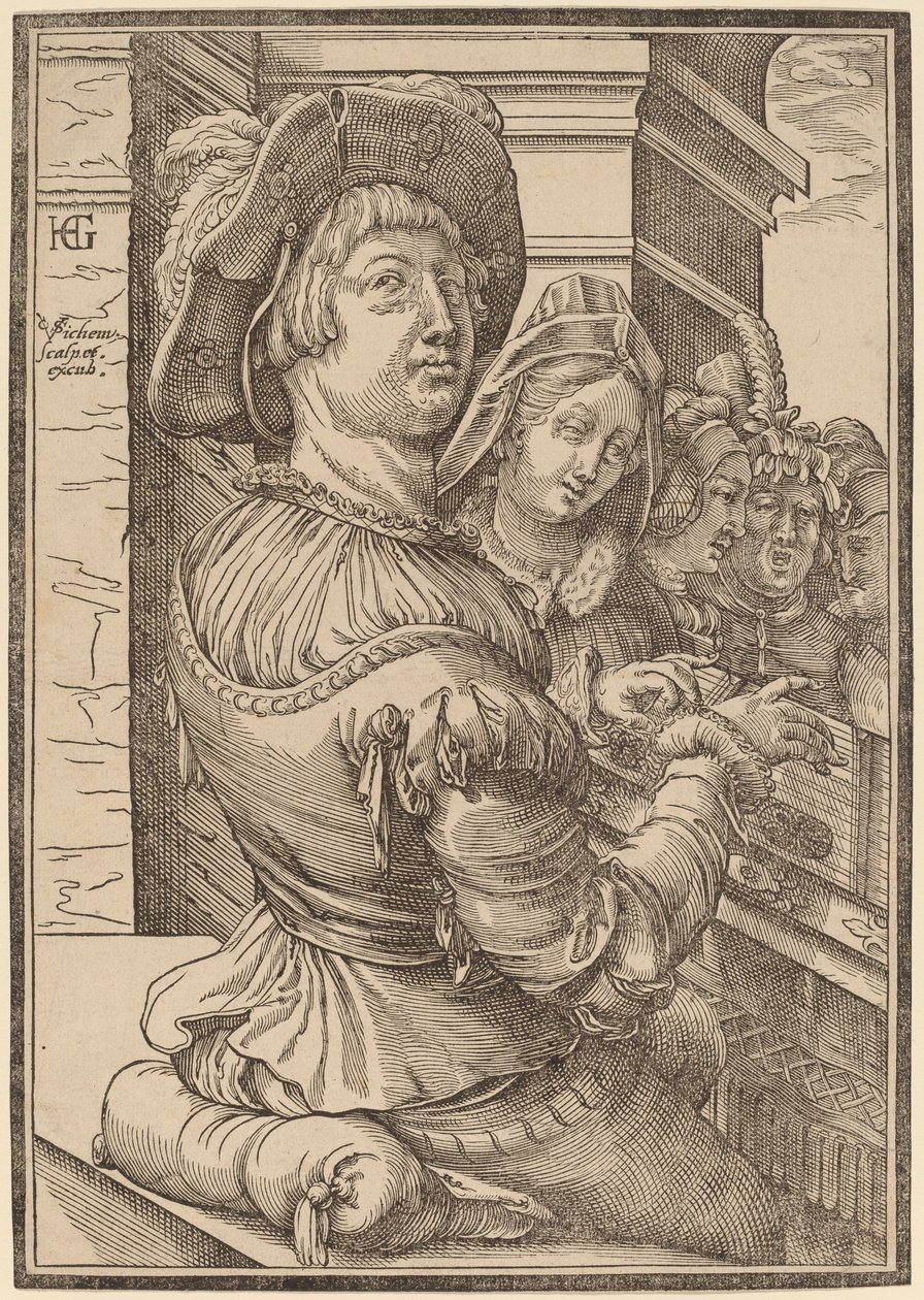 Un joven tocando un salterio de Christoffel van Sichem I after Hendrik Goltzius