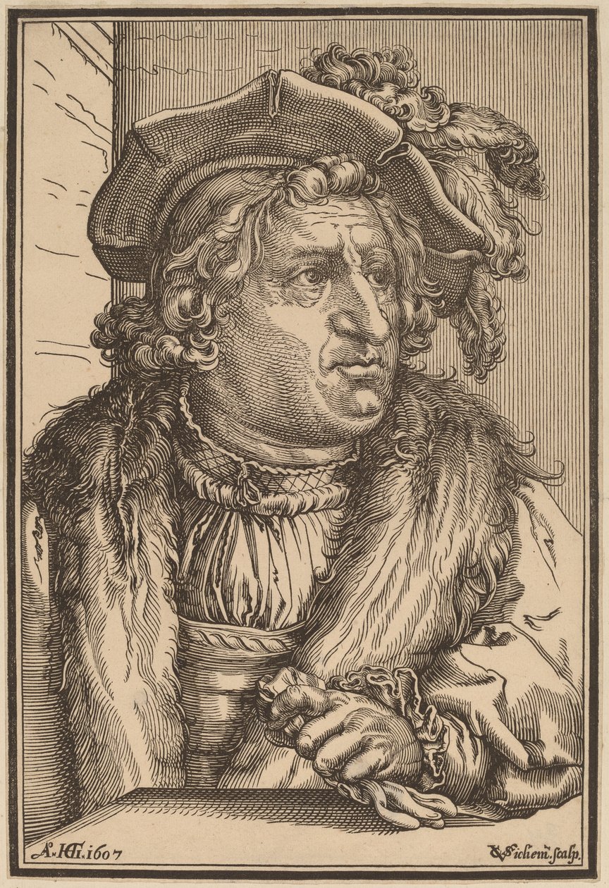 Hombre con gorra emplumada de Christoffel van Sichem I after Hendrik Goltzius