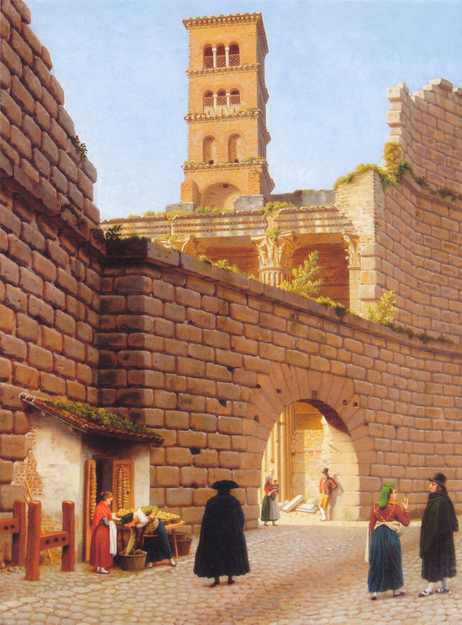 La muralla que rodea el Foro de Augusto con el templo de Marte Ultor y el campanile de la iglesia de San Basilio en Roma. de Christoffer Wilhelm Eckersberg