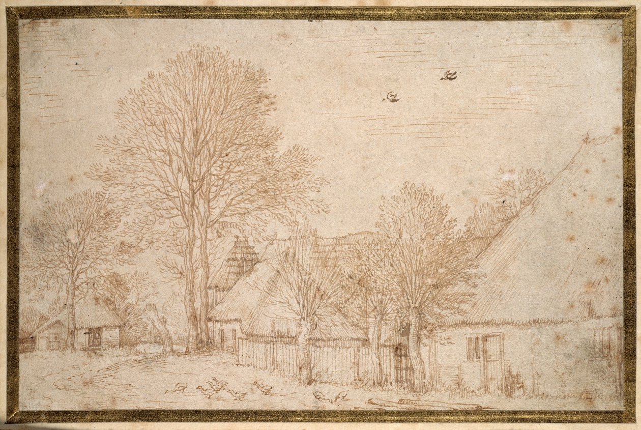 Edificios con techo de paja, árboles casi desnudos y una bandada de gansos de Kosma Sergejewitsch Petrow Wodkin