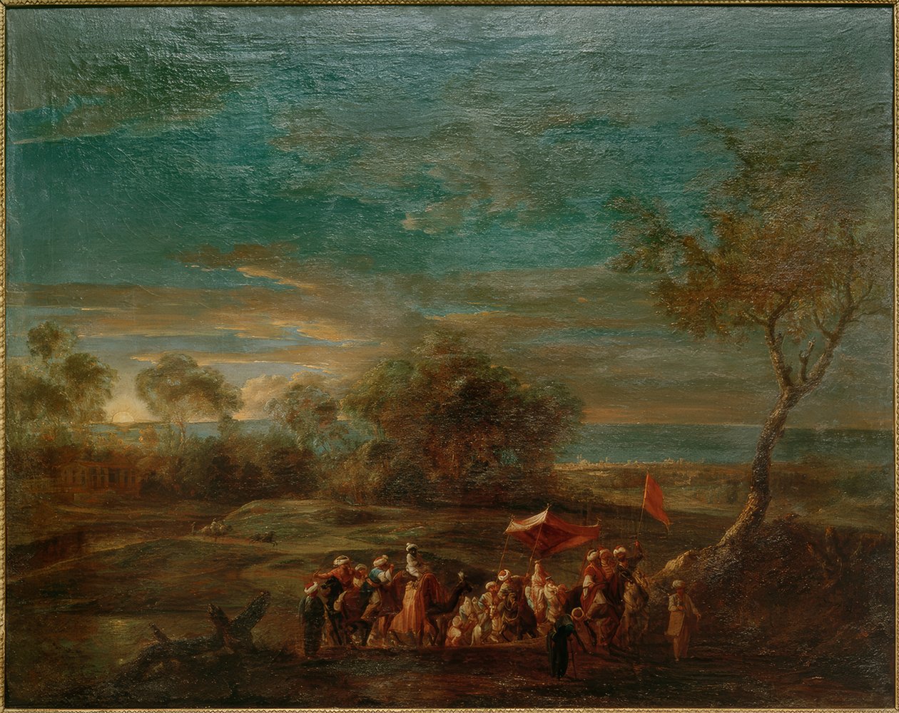 Paisaje matutino con procesión nupcial oriental de Christoph Ludwig Agricola
