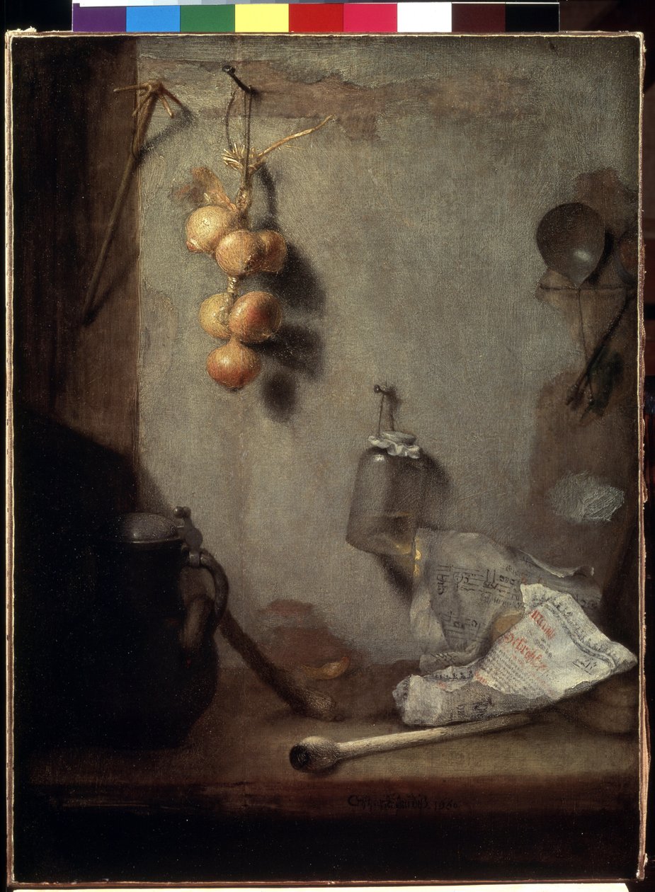 ""Naturaleza muerta"" (Naturaleza muerta) Cebollas, mesa de cocina y tarro de cristal"" Pintura de Christopher Paudiss (1630-1666) 1660 Dim. 62x46,5 cm Museo del Hermitage, San Petersburgo de Christoph Paudiss