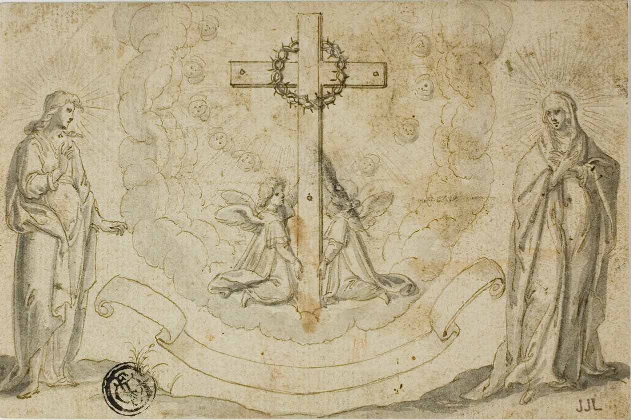 La Virgen María y San Juan Evangelista contemplan una visión de la Cruz sostenida por dos ángeles de Christoph Schwarz